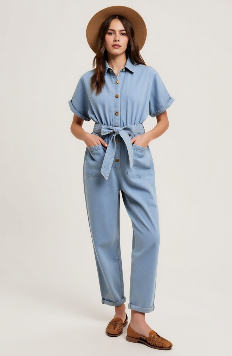 Modenaire Short Sleeve Button Front Tie Waist Rolled Cuff Denim Jumpsuit, Main, color, Light Blue