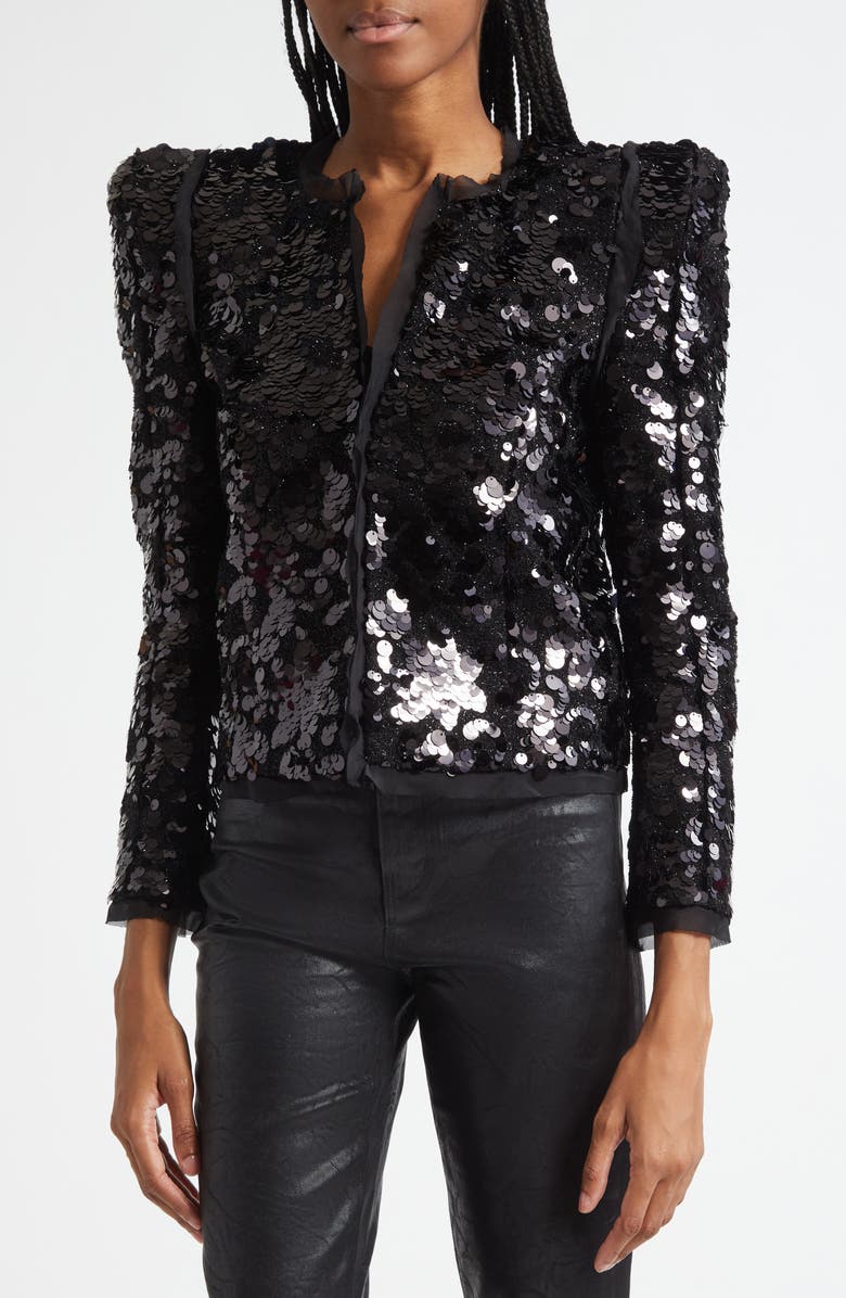 L'AGENCE Shai Paillette Strong Shoulder Jacket, Alternate, color, Black
