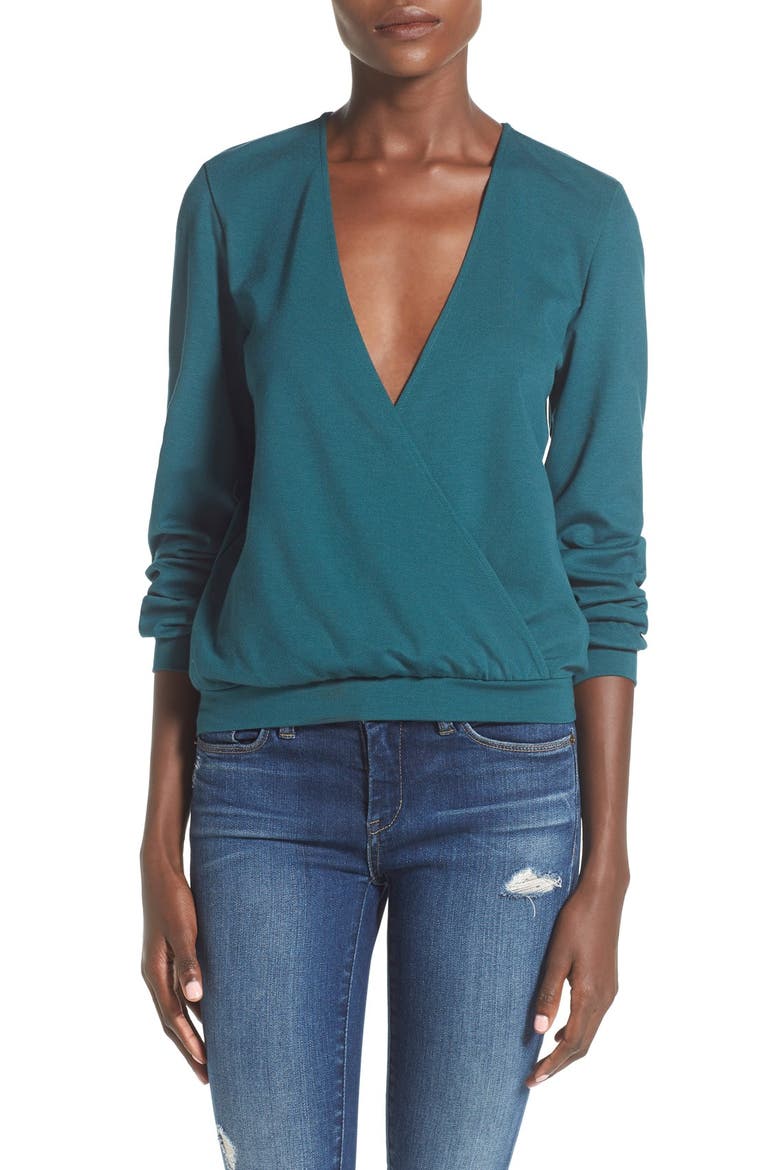 Long Sleeve Surplice Top, Main, color, TEAL DEEP