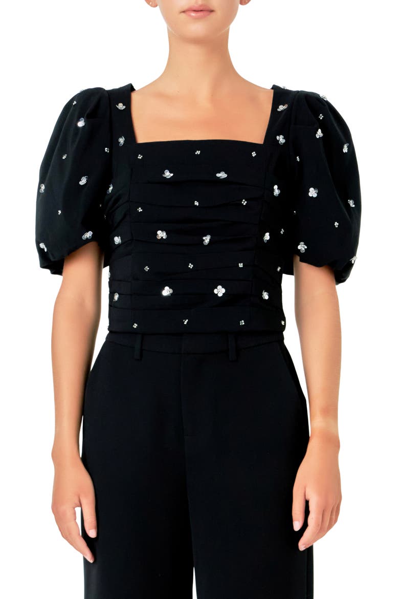 Sequin Floral Embellished Puff Sleeve Top, Main, color, BLACK