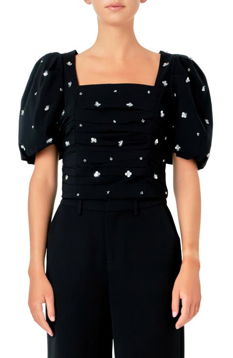 Sequin Floral Embellished Puff Sleeve Top