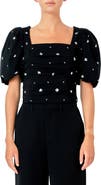 Endless Rose Sequin Floral Embellished Puff Sleeve Top