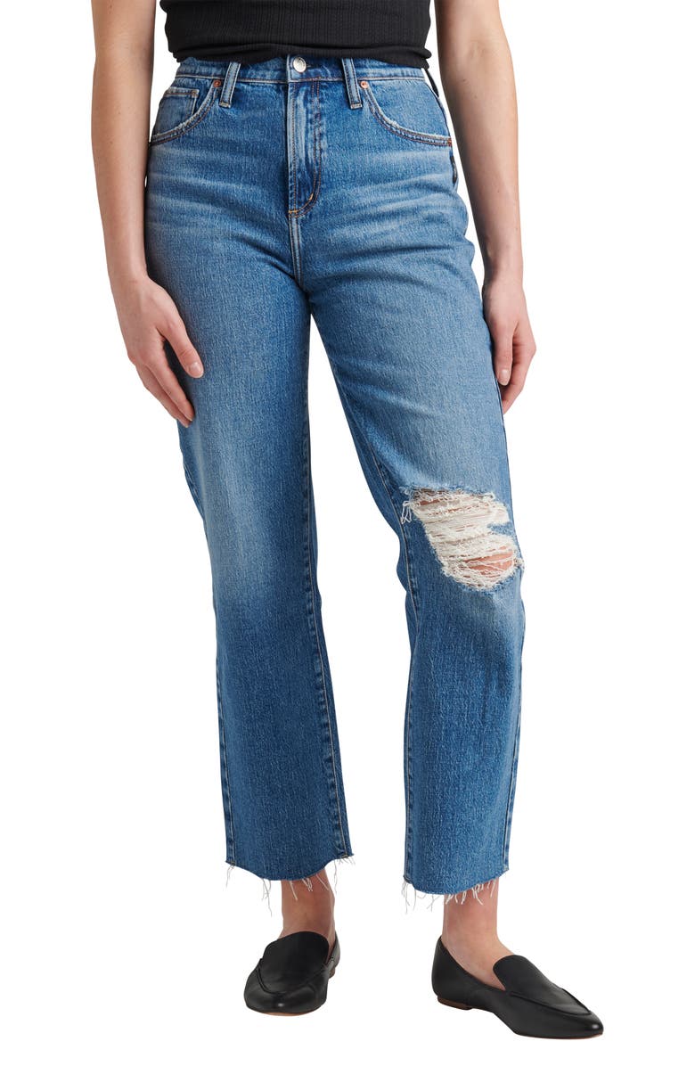 Silver Jeans Co. Highly Desirable Ripped High Waist Ankle Straight Leg Jeans, Main, color, 