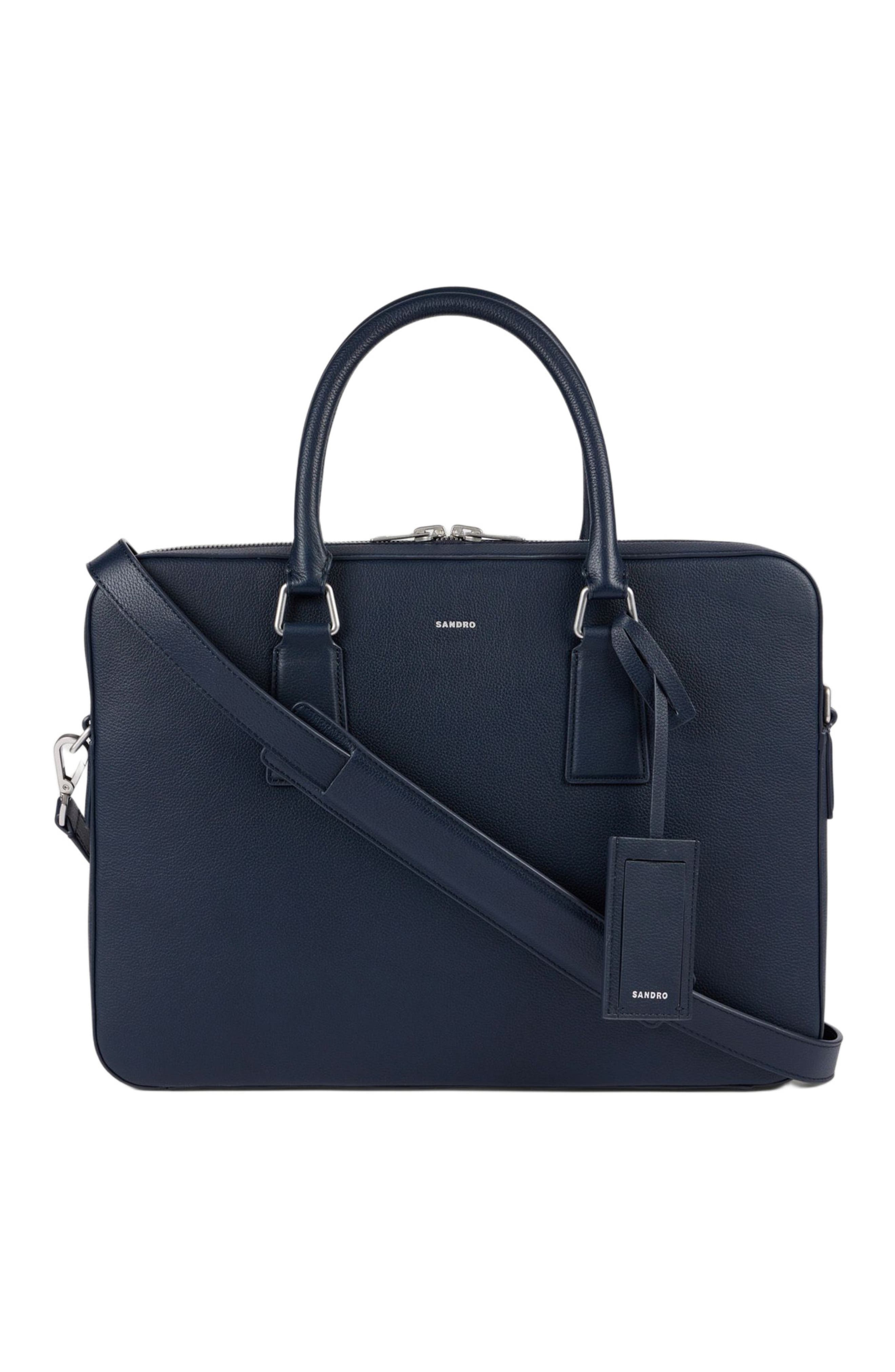 SANDRO Large grained leather briefcase, Main, color, Navy Blue