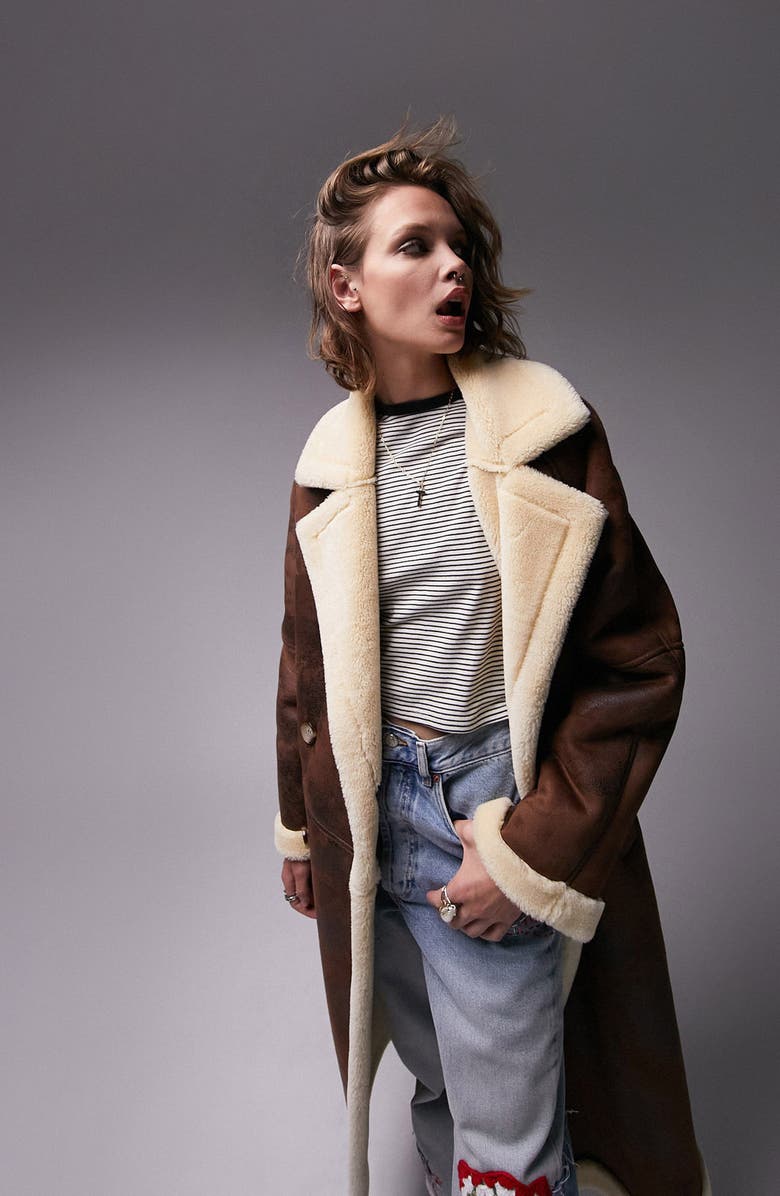 Topshop Faux Shearling Aviator Coat, Alternate, color, 