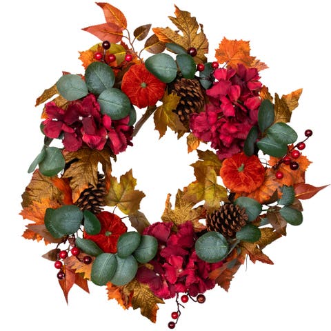 Artificial Floral and Pinecone Fall Harvest Wreath - 22" - Orange and Burgundy