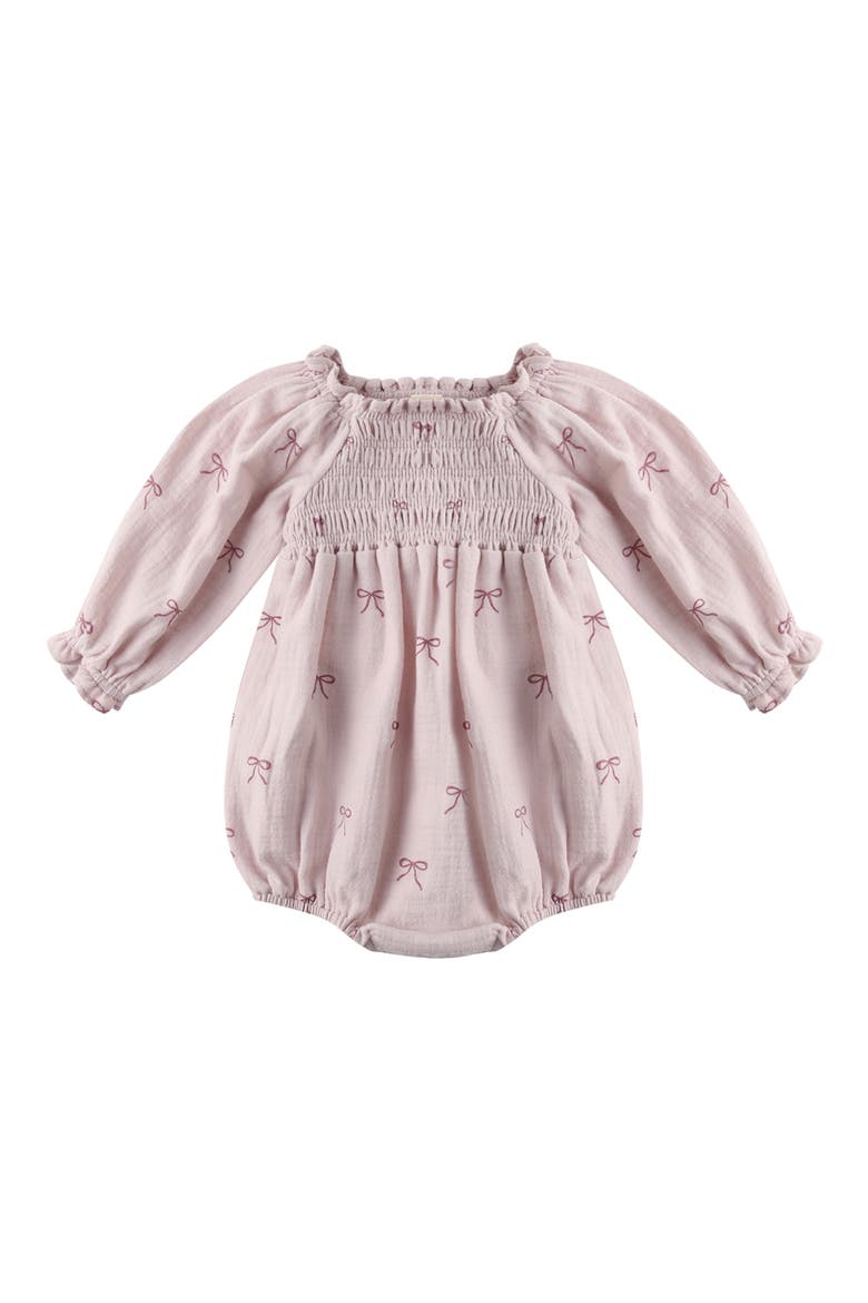 Eden Smocked Bodice Long Sleeve Organic Cotton Gauze Romper, Main, color, LILAC