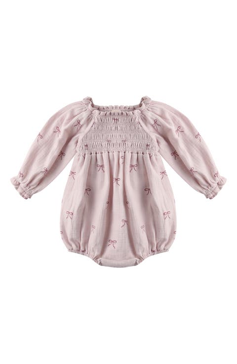 Eden Smocked Bodice Long Sleeve Organic Cotton Gauze Romper (Baby)