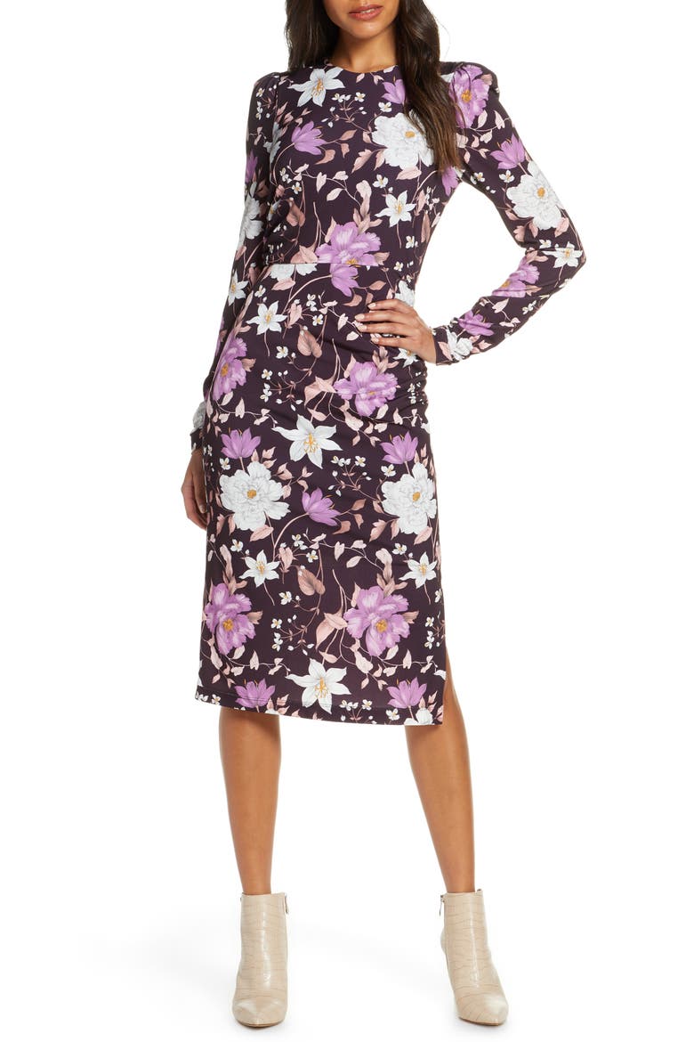 Floral Long Sleeve Body-Con Midi Dress, Main, color, AUBERGINE