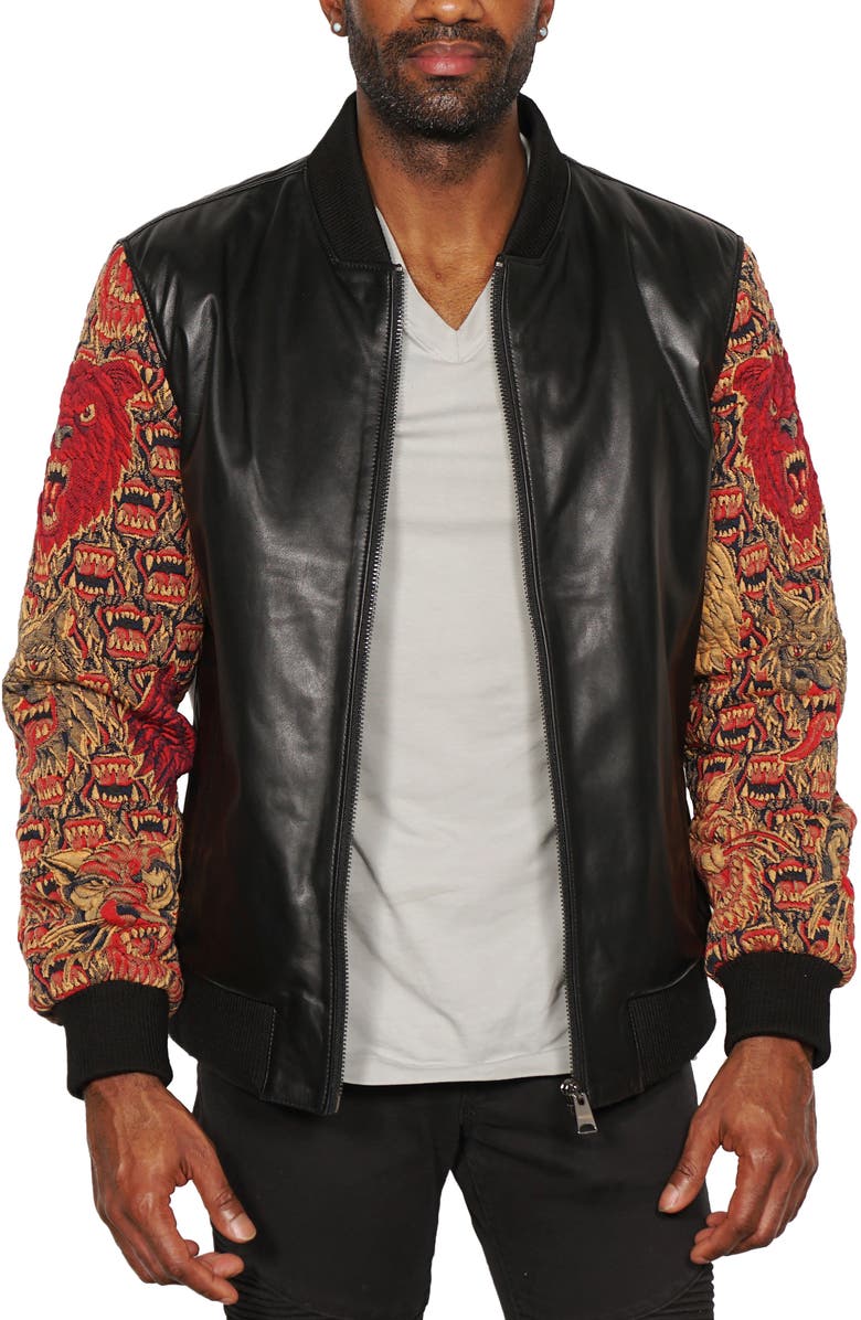 Maceoo Embroidered Sleeve Leather Bomber Jacket, Main, color, 