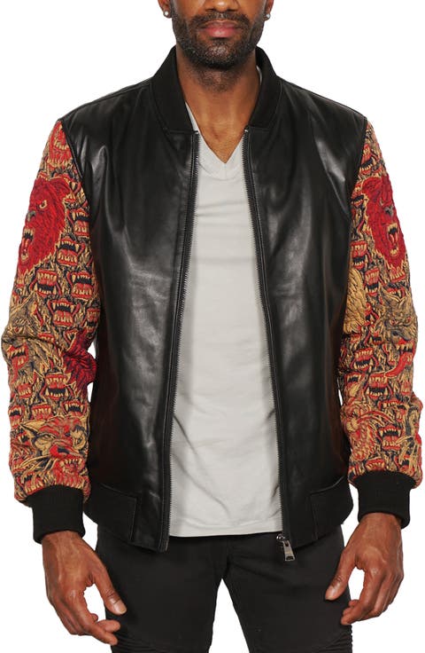 Embroidered Sleeve Leather Bomber Jacket