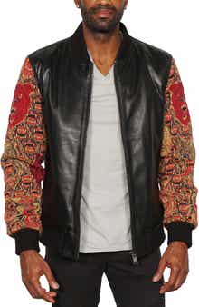 Maceoo Embroidered Sleeve Leather Bomber Jacket