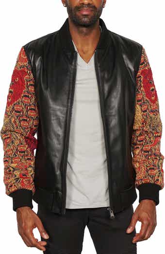 Maceoo Embroidered Sleeve Leather Bomber Jacket