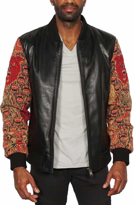 Maceoo Embroidered Sleeve Leather Bomber Jacket