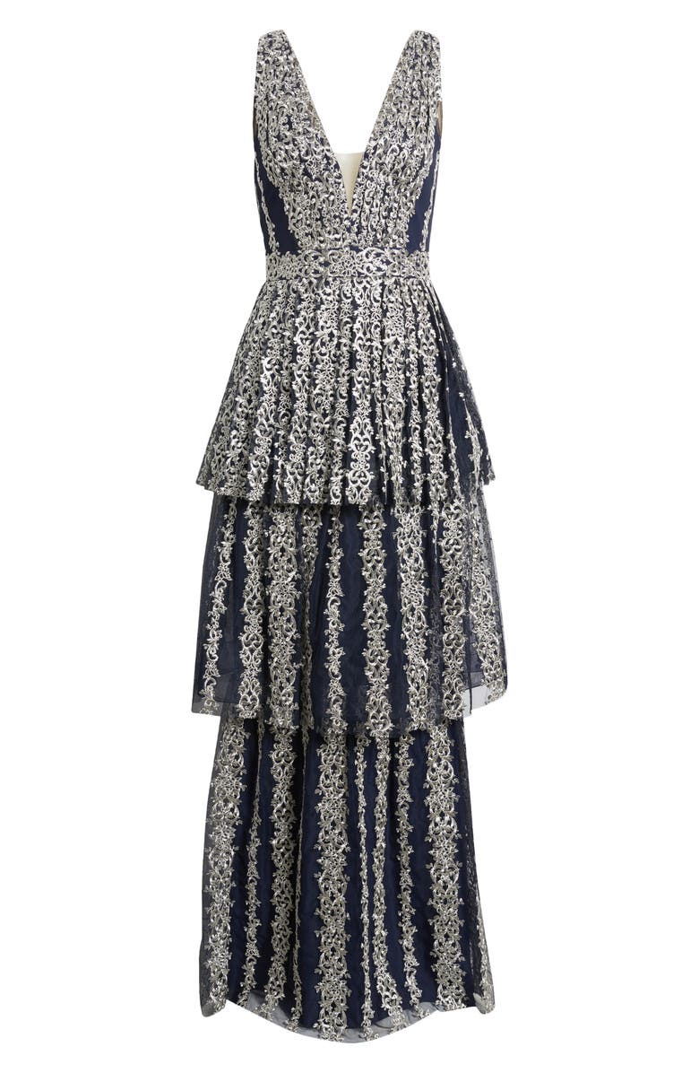 Marchesa Notte Metallic Embroidery Tiered Gown, Alternate, color,