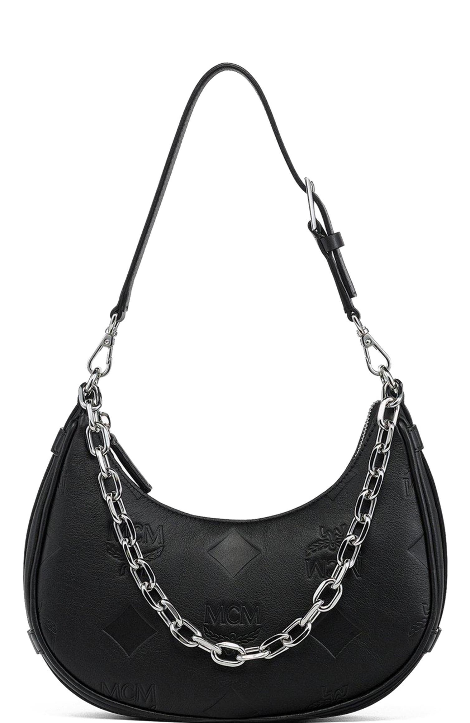 MCM Aren Crescent Hobo Bag in Maxi Monogram Leather, Main, color, Black