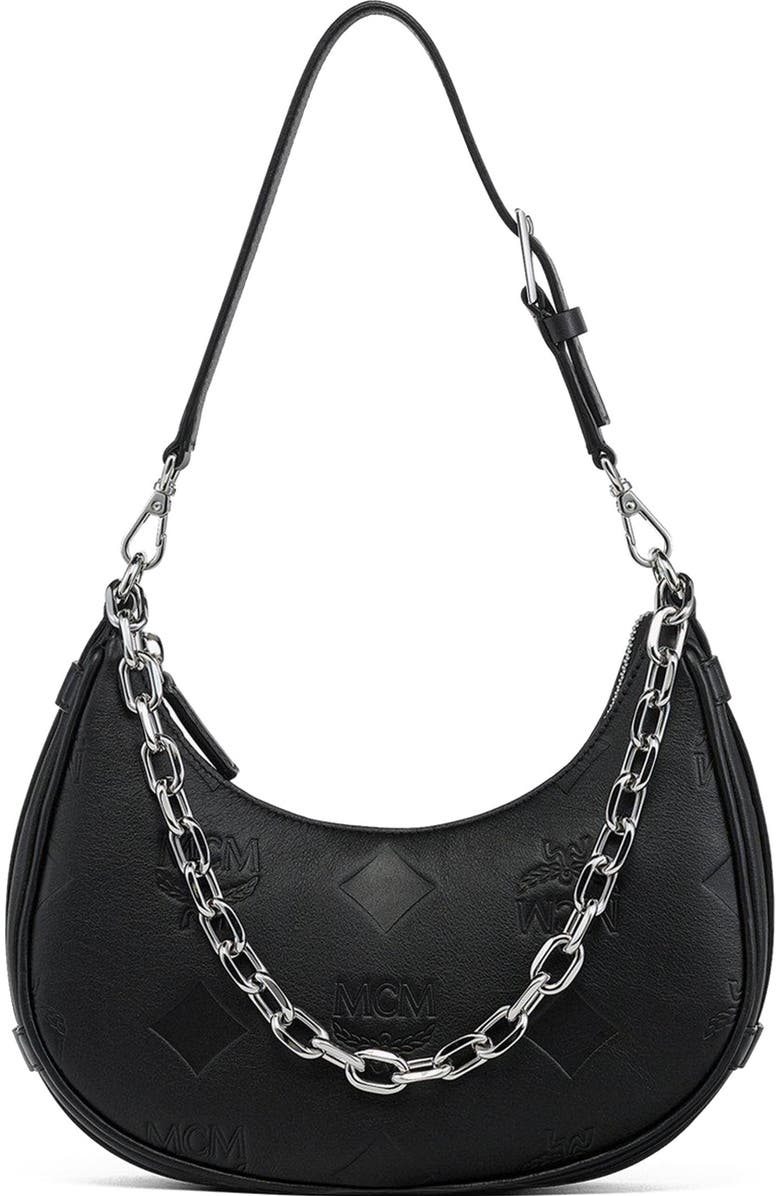 MCM Aren Crescent Hobo Bag in Maxi Monogram Leather, Main, color, Black