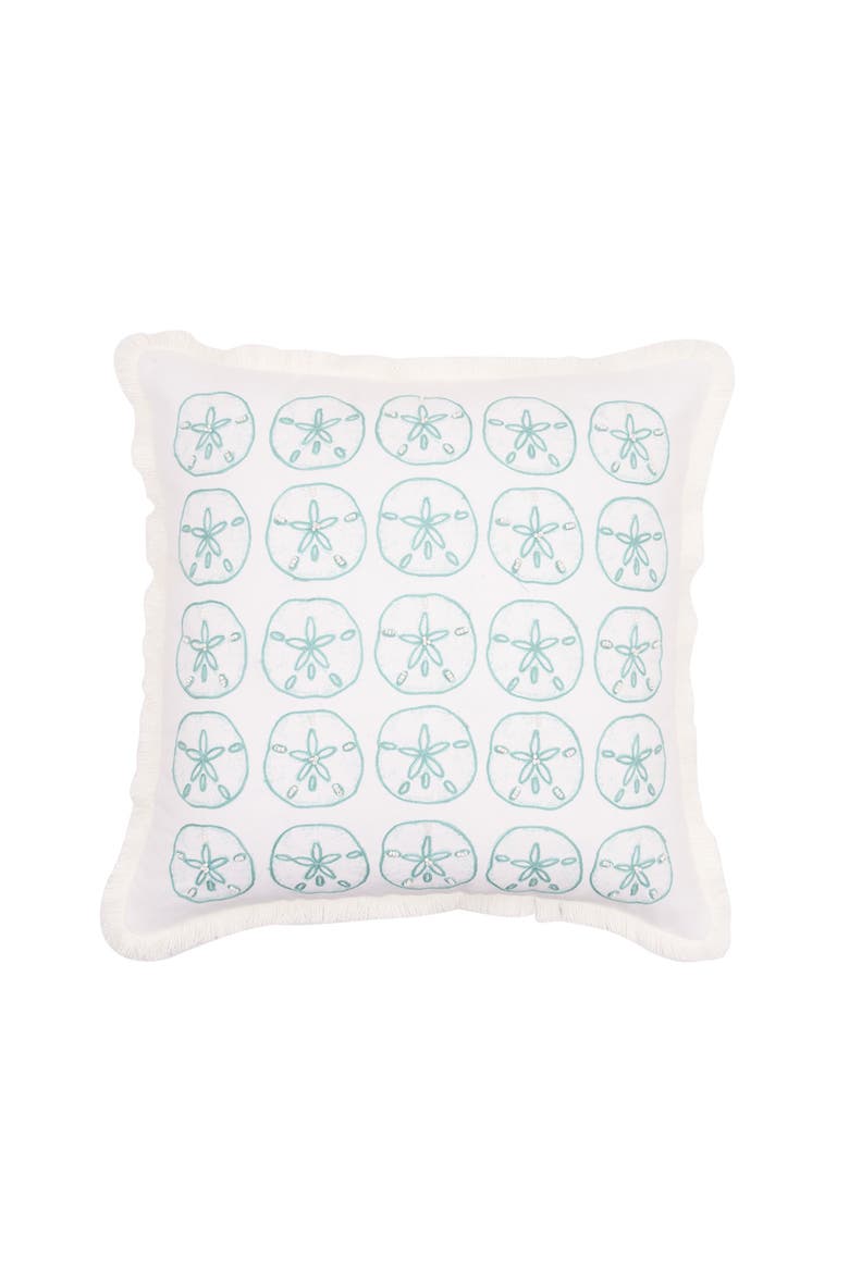 Embellished Sand Dollar Coastal Pattern Fringed Throw Pillow 18" x 18", Main, color, Blue
