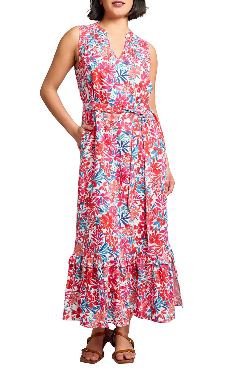 Jones New York Floral Print Ruffle Tie Waist Sleeveless Maxi Dress, Main, color, Coral Sun Multi