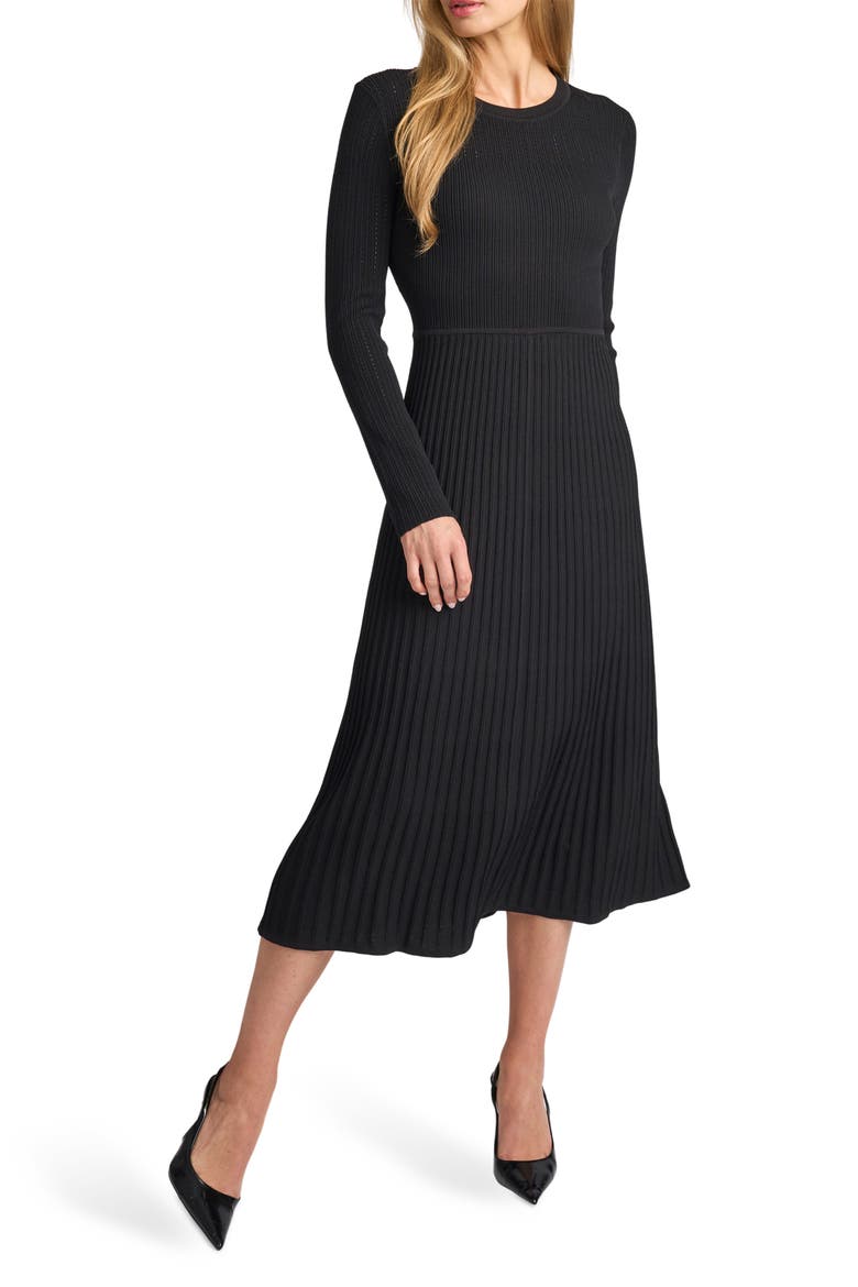 Rebecca Crewneck Midi Flare Dress, Main, color, RICH BLACK