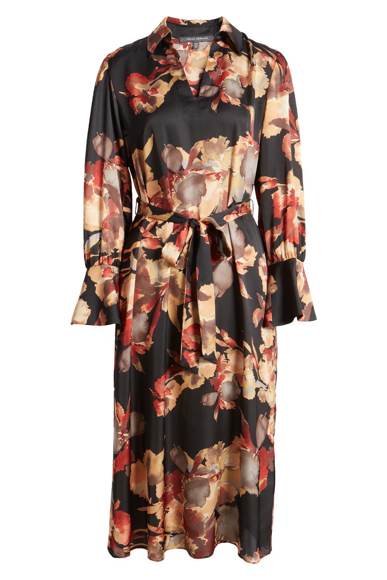 Floral Long Sleeve Midi Shirtdress, Alternate, color, BLACK AND ORANGE
