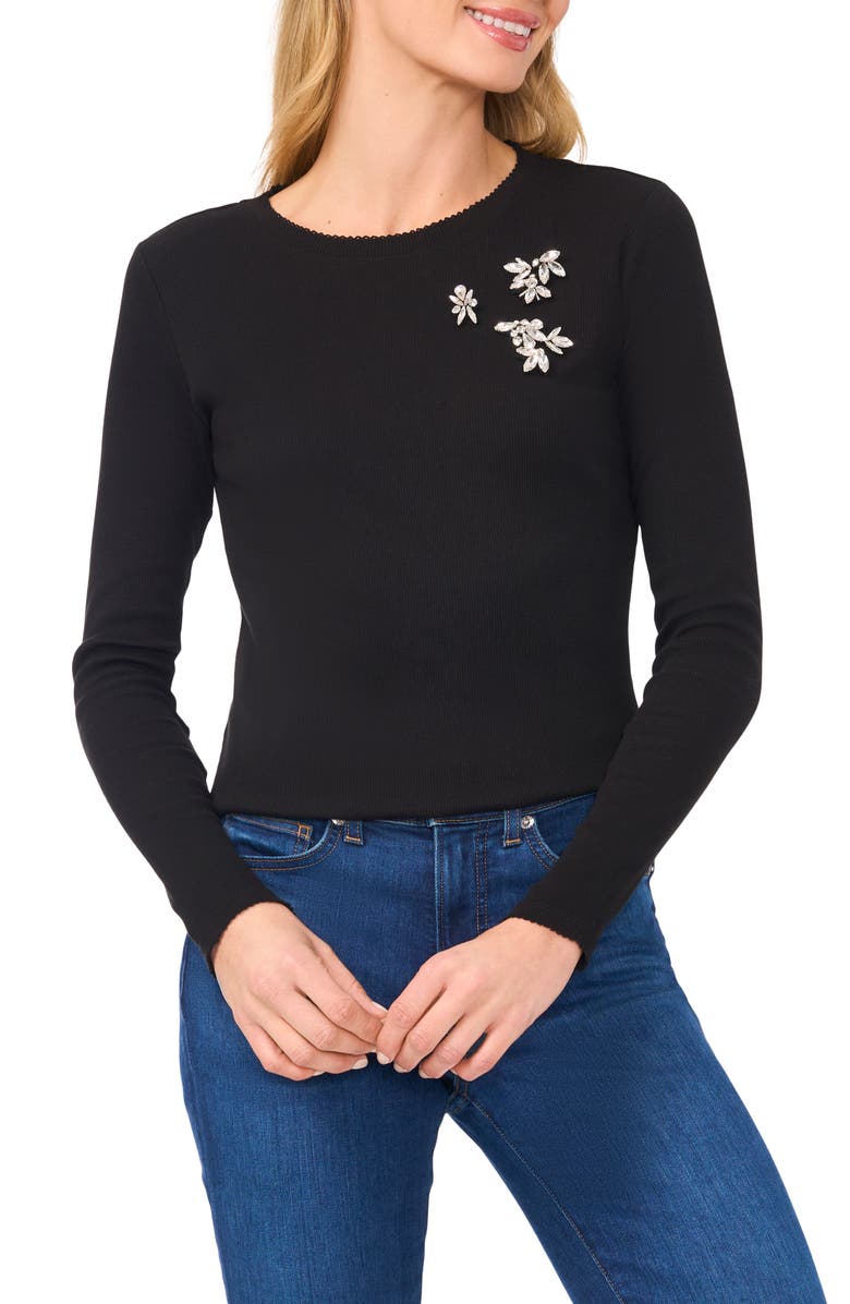 CeCe Rhinestone Embellished Scalloped Trim Rib Knit Top, Main, color, 