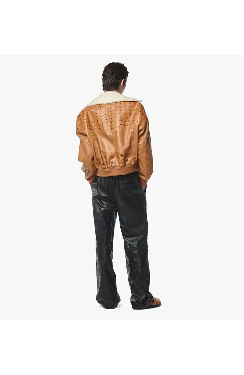 MCM Shearling Bomber Jacket in Visetos Leather Mix, Alternate, color, Cognac