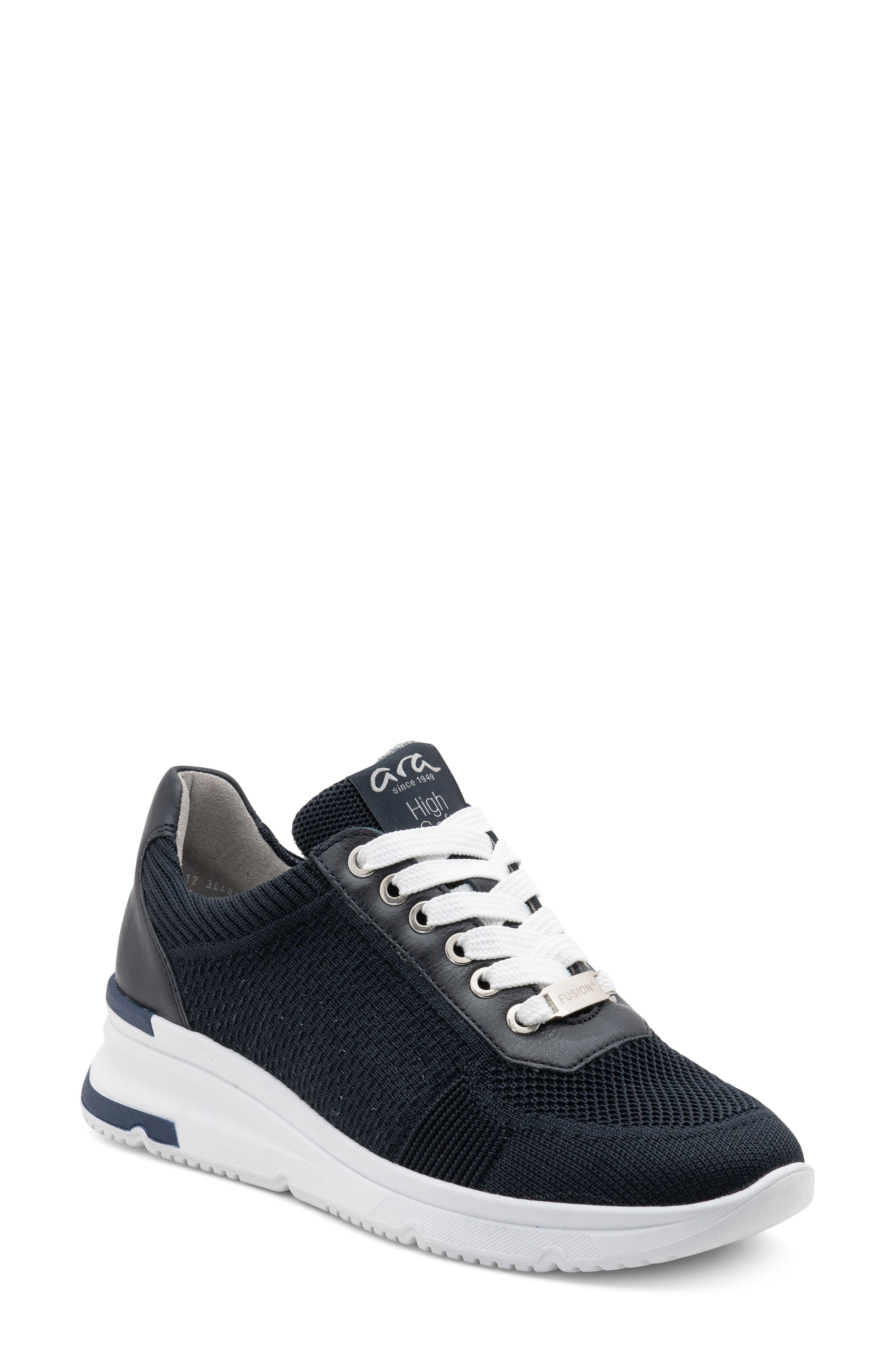 ara Nassau II Knit Wedge Sneaker in Navy Woven Stretch 