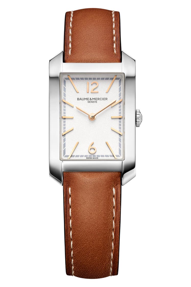Hampton 10472 Automatic Leather Strap Watch, 35mm, Main, color, SILVER