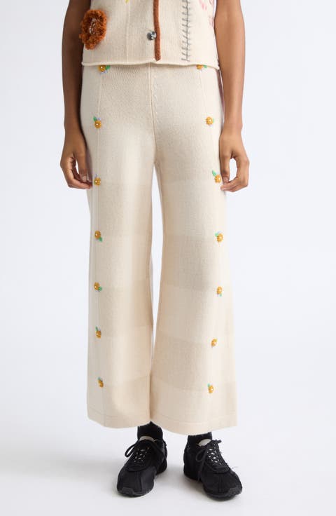 Daisy Check Embroidered Wide Leg Pants