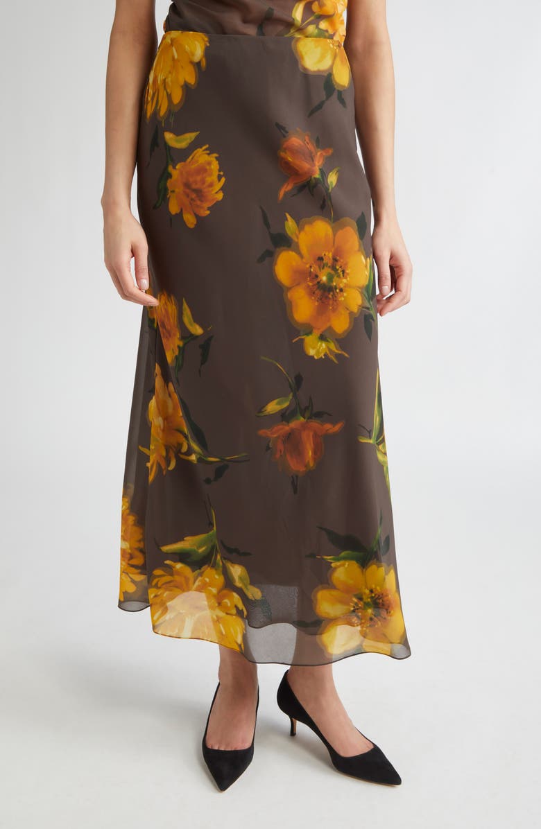 Lela Rose Floral Chiffon Bias Cut Skirt, Main, color, Chocolate Multi