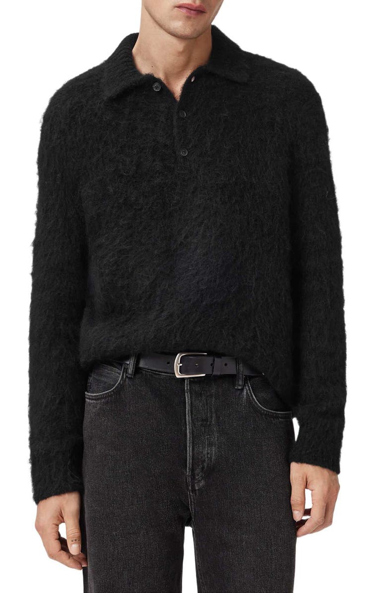 AllSaints Sonny Long Sleeve Hairy Alpaca & Wool Blend Polo, Alternate, color, Black
