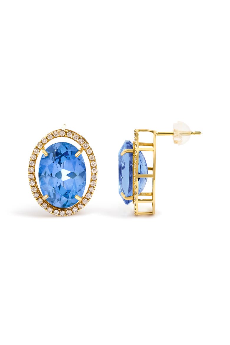 18K Yellow Gold 11x14MM Blue Fluorite Oval Stud Earrings with 1/2 Cttw Diamond Halo, Alternate, color, Yellow Gold