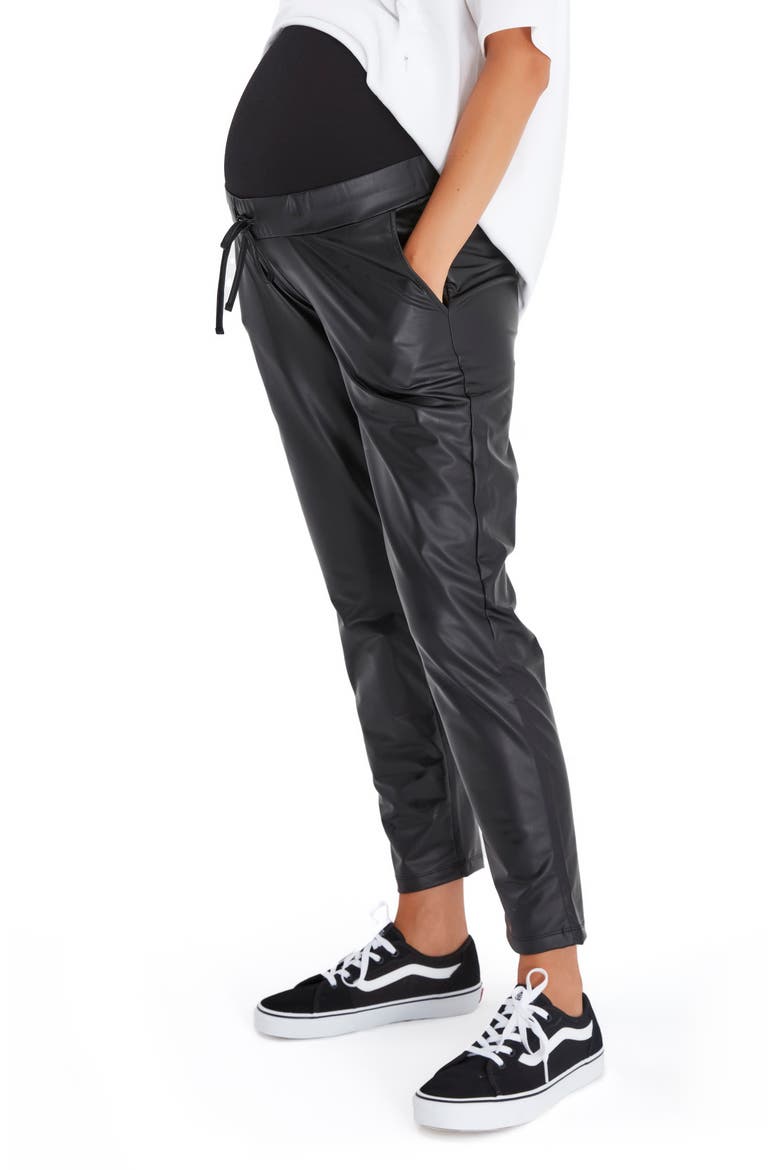 Comfy Cool Foldover Waistband Faux Leather Jogger Pants, Alternate, color, BLACK