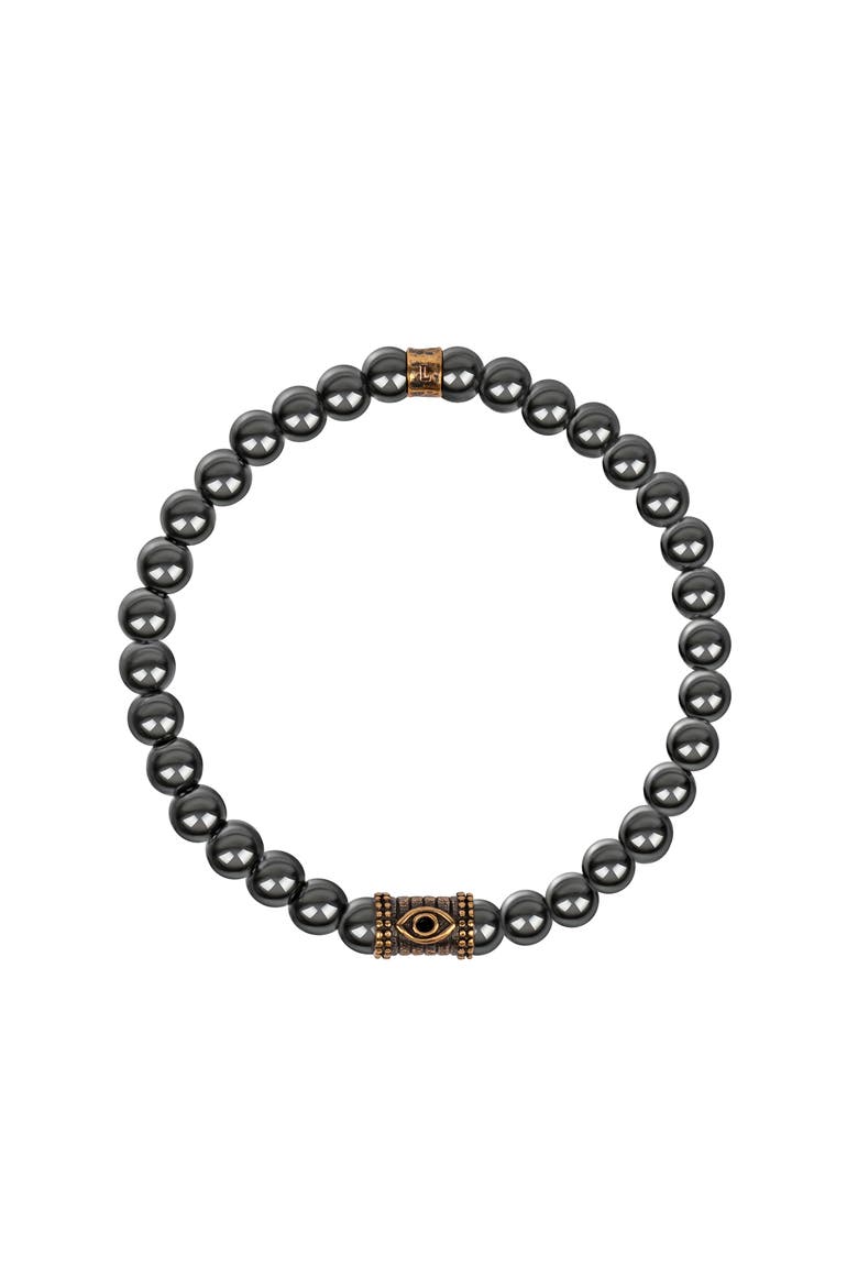 Men's Hematite Evil Eye Charm Beaded Bracelet Spiritual Fortress, Main, color, Black/bronze