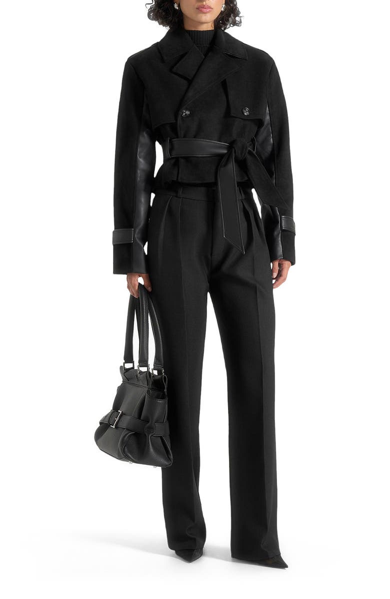 Manière De Voir Lelia Cropped Suede Trench Coat With Belt, Alternate, color, Black