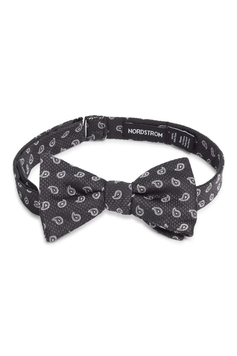 Paisley Jacquard Pre-Tied Silk Bow Tie, Main, color, BLACK