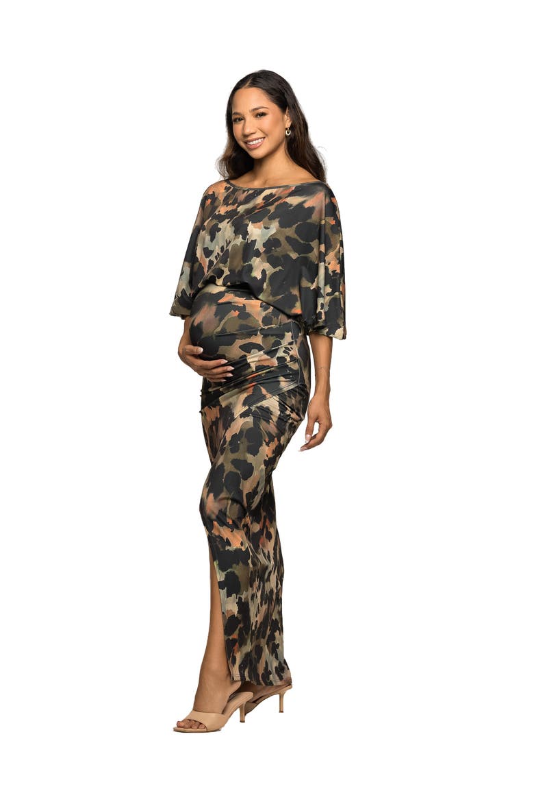Abstract Print Batwing Sleeve Maxi Dress with Slit, Alternate, color, Green Multi