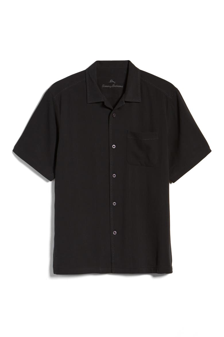 Herringbone Short Sleeve Silk Button-Up Camp Shirt, Main, color, BLACK