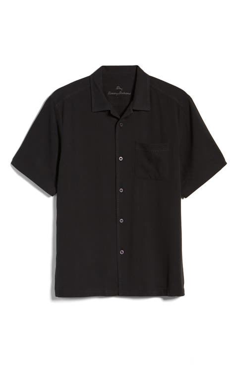 Herringbone Short Sleeve Silk Button-Up Camp Shirt