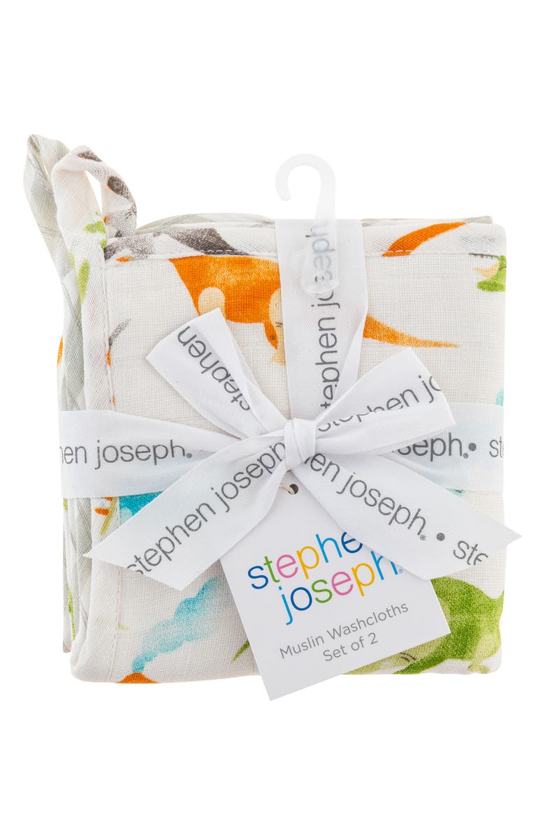 Stephen Joseph Set of 2 Muslin Washcloths, Alternate, color, Dino