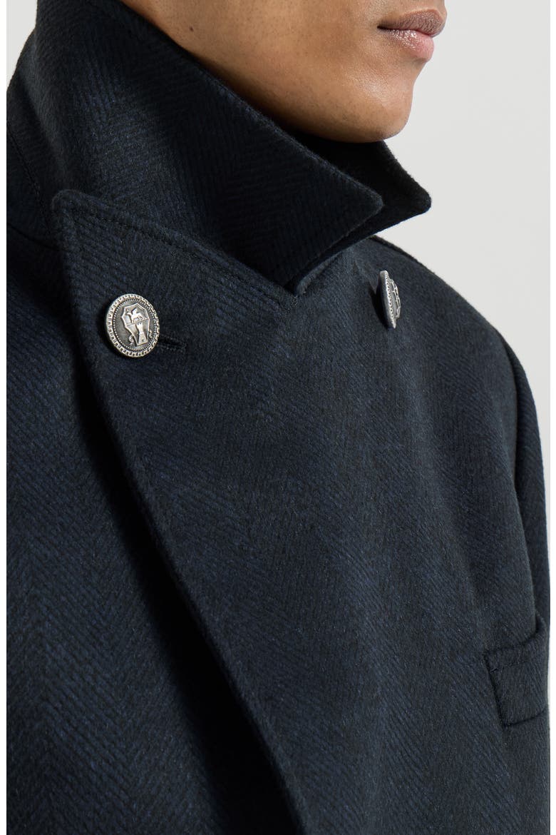Cashmere chevron flannel one-and-a half breasted coat with peak lapels and metal buttons, Alternate, color, Navy Blue