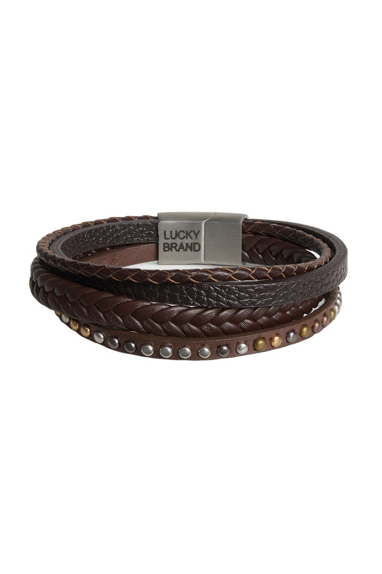 Stainless Steel and PU Leather Bracelet for Men, Multistrand - 8.5'', Main, color, Black
