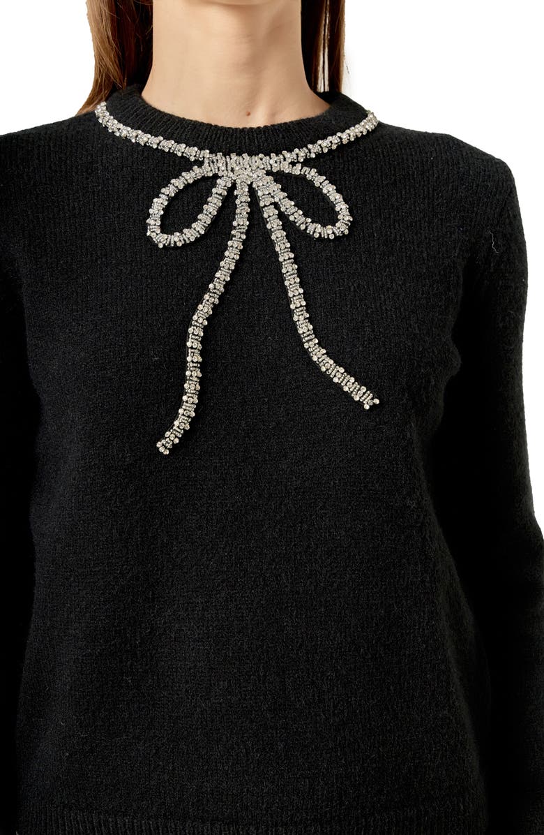 English Factory Rhinestone Bow Sweater, Alternate, color, Black