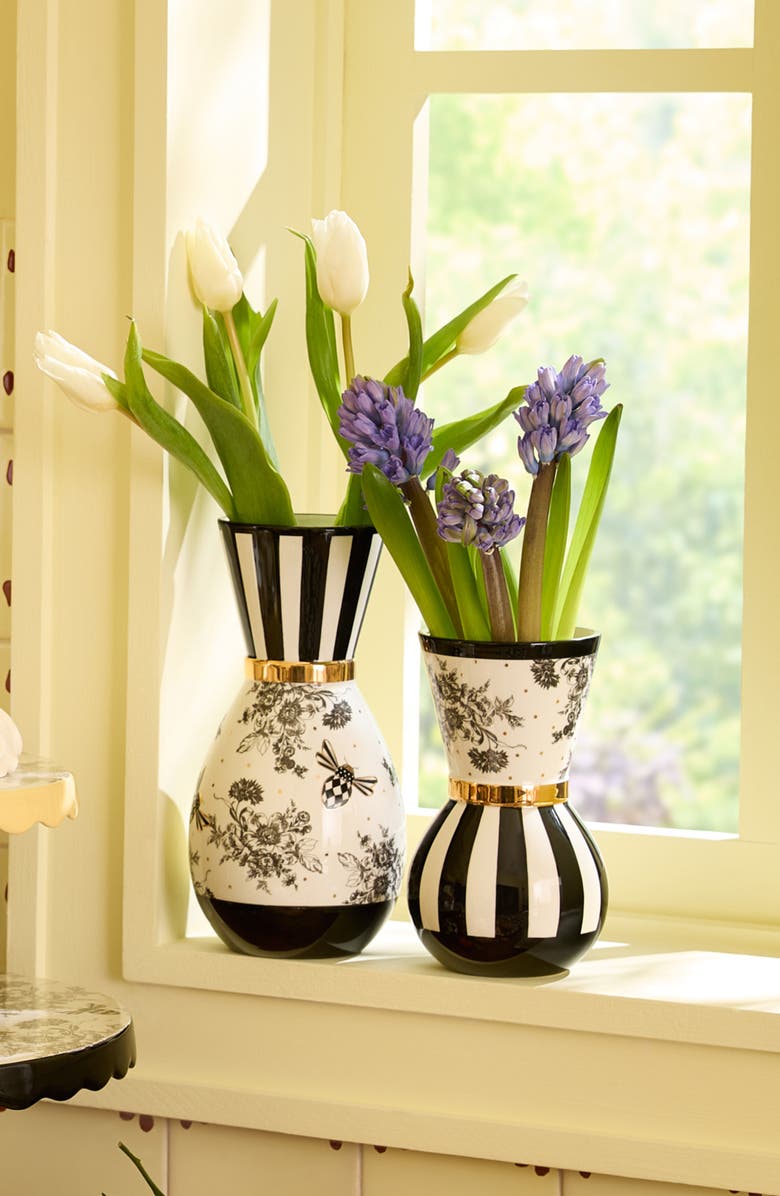 MACKENZIE CHILDS Set of 2 Bee Toile Vases, Alternate, color, White