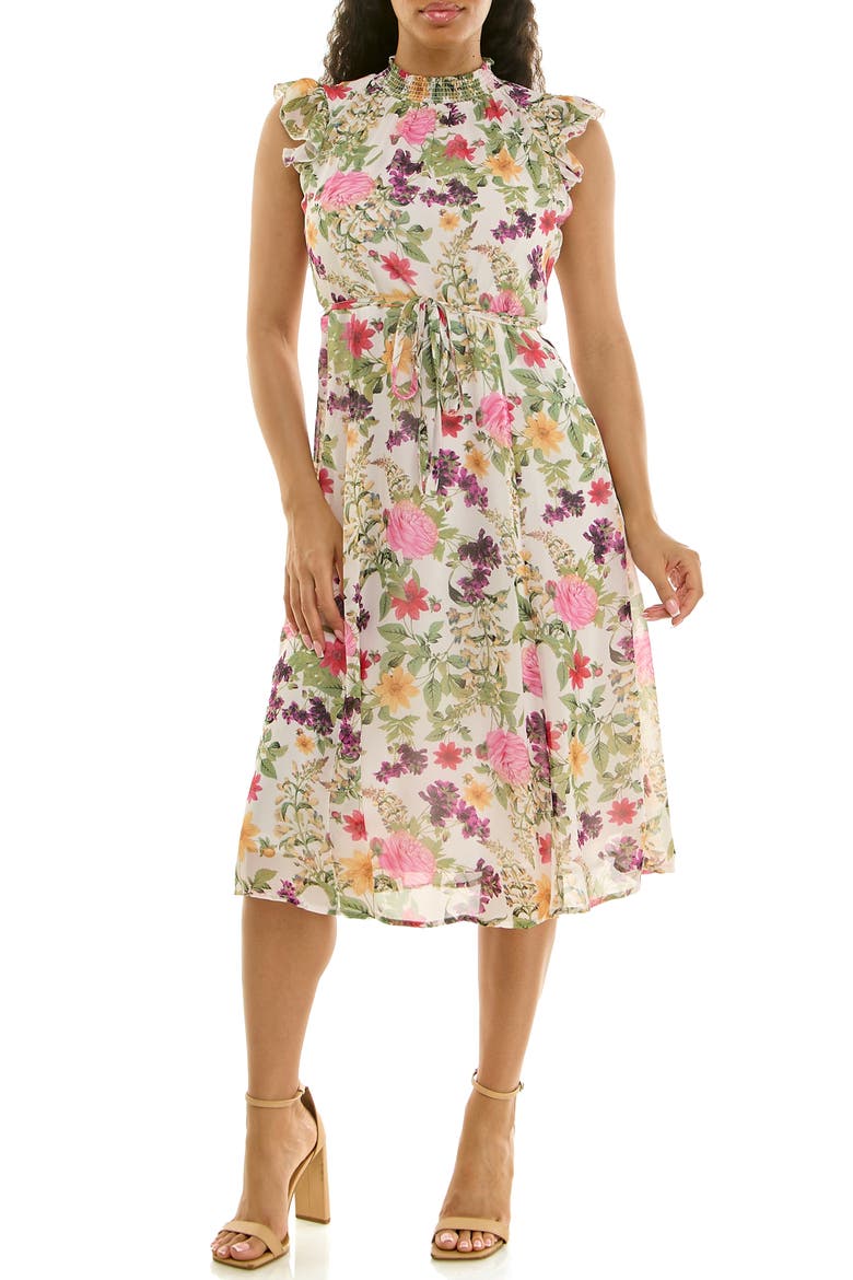 Smock Chiffon Midi Dress, Main, color, PINK MULTI