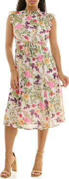 Nina Leonard Smock Chiffon Midi Dress