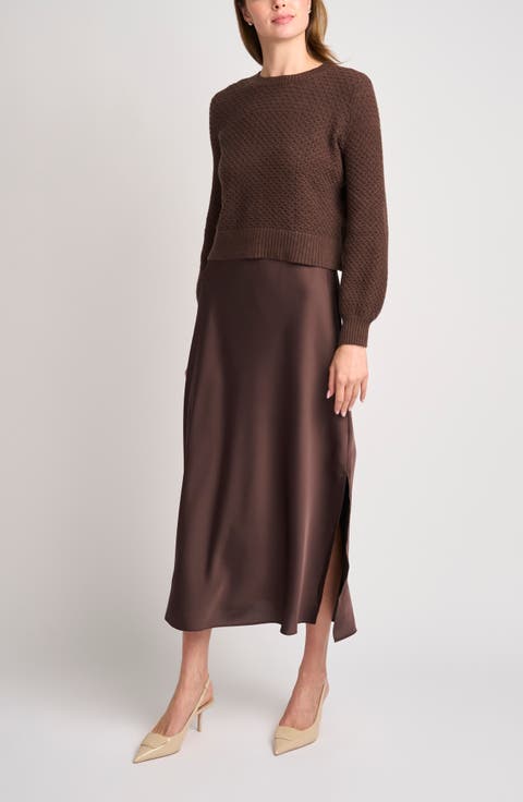 Honeycomb Stitch Puff Sleeve Sweater & Satin Slipdress Set