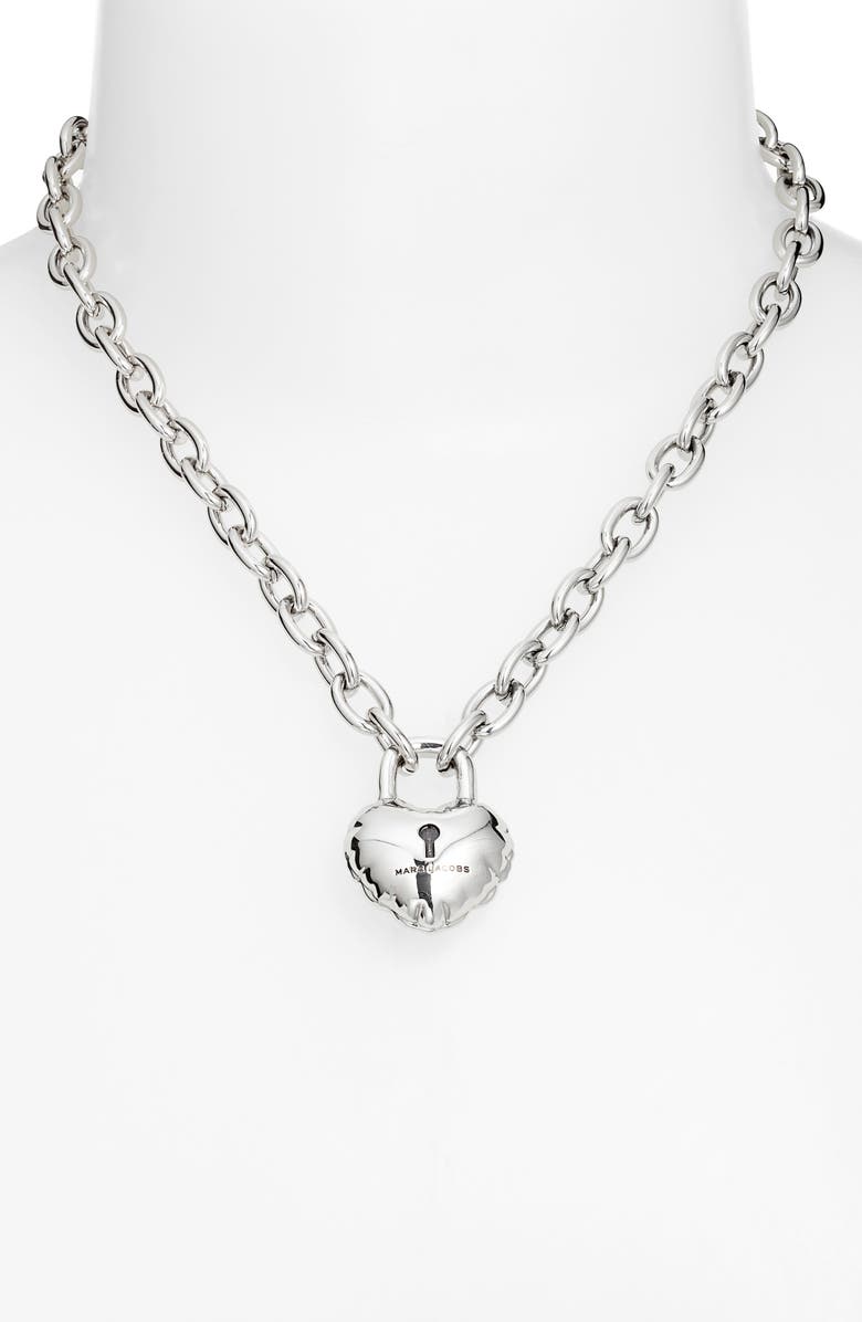Marc Jacobs Balloon Heart Lock Pendant Necklace, Alternate, color, Light Antique Silver