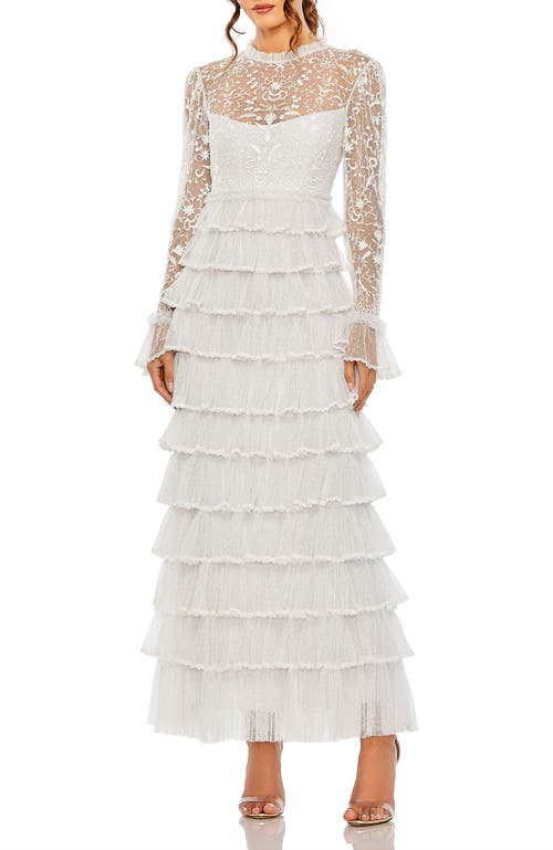 Mac Duggal Embroidered Long Sleeve Ruffled Tiered Gown In Pearl